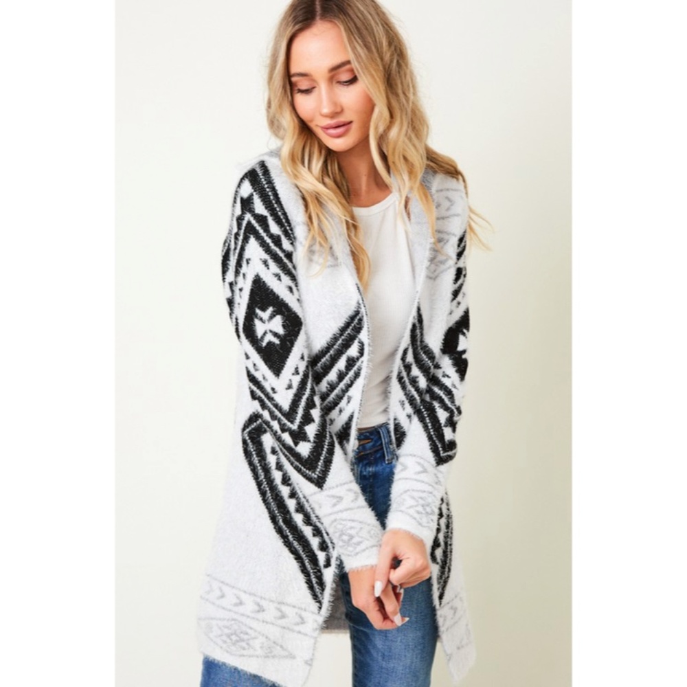 SOLD OUT Fuzzy Soft Knit Hooded Long Sleeve Aztec Tribal Native Western Cardigan - Picture 5 of 10